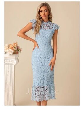 JJ’s House Koralee Lace Midi Dress Blue High Neck Cocktail Wedding Guest S